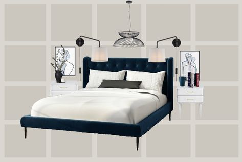 Modern bedroom idea. Navy velvet bed Navy Bedframe Bedroom, Navy Velvet Bed, Navy Bedding, St Giles, Velvet Headboard, Bedroom Idea, Velvet Bed, Primary Bedroom, Navy Velvet