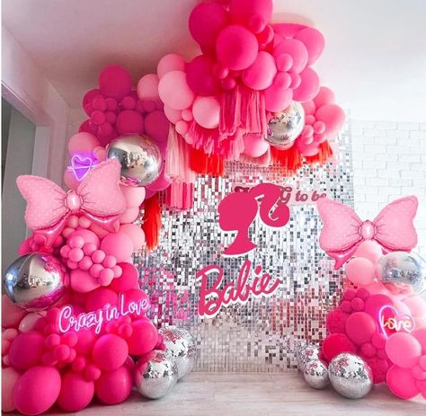 Bachelorette Tea Party, Hot Pink Balloons, Pastel Balloon Garland, Pink Balloon Arch, Barbie Decorations, 6th Birthday Girls, Tea Party Supplies, Silver Balloons, Pink Bridal Shower Invitations