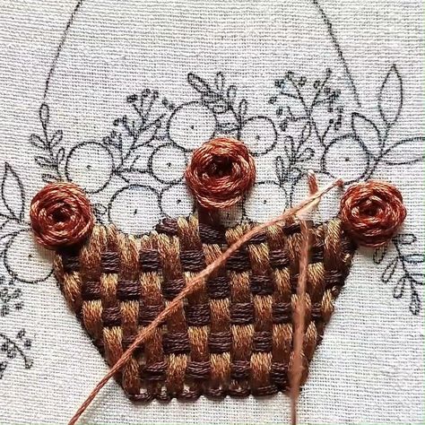 Hand Embroidery Stitches for Flower Basket | embroidery, flower, basket, design | Hand Embroidery Stitches for Flower Basket #basket #embroidery #handmade #design #flowers | By A to Z Hand Embroidery Basket Stitch Embroidery Design, Flower Basket Embroidery Design, Embroidery Basket Of Flowers, Basket Weave Embroidery, Basket Embroidery Design, Flower Basket Embroidery, Embroidered Basket, Embroidery Brazilian, Basket Embroidery