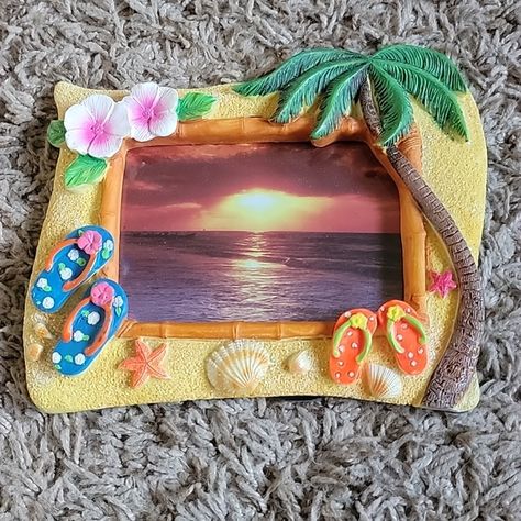 Island Photo Frame Clay Embroidery, Polymer Clay Embroidery, Flamingo Tropical, Tropical Hibiscus, Source Unknown, Hibiscus, Flamingo, Photo Frame, A Photo