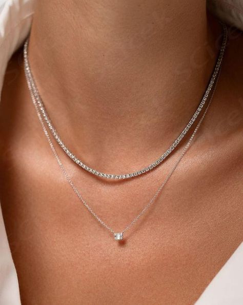 $9,450.00 Minimalist Accessories Jewellery, Silver Jewelry Aesthetic, Bracelets Stacked, Gold Bracelets Stacked, Pretty Jewelry Necklaces, Diamond Tennis Necklace, Diamond Necklace Designs, Minimalist Accessories, Jewelry Aesthetic