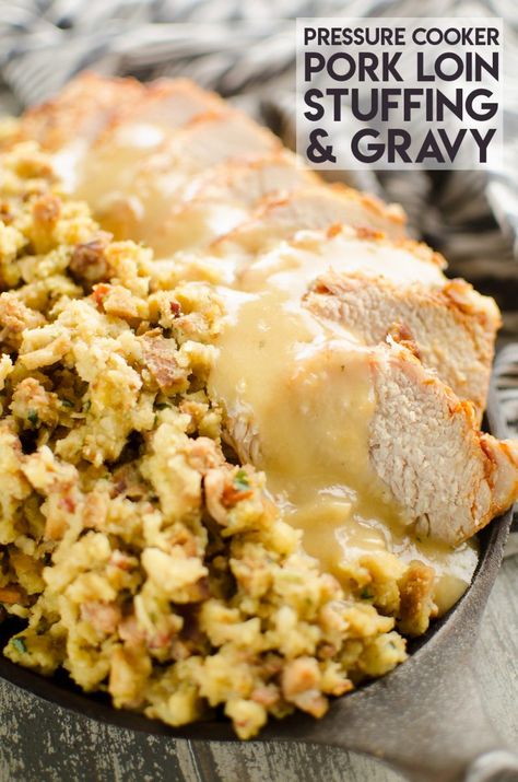 Pressure Cooker Pork Loin, Stuffing & Gravy is a delicious one-pot recipe all made in your Instant Pot. This all in one meal make with easy Stove Top dressing will be an instant family favorite! #StoveTop #PressureCooker #InstantPot Pressure Cooker Pork Loin, Stuffing Gravy, Chicken Instapot, Instapot Meals, Pressure Cooker Pork, Electric Pressure Cooker Recipes, Pork Loin Recipes, Instant Pot Pork, Instant Pot Dinner Recipes