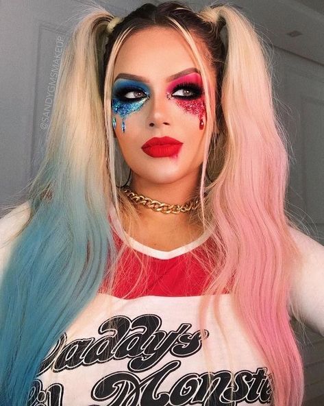 Harley Quinn Make-up, Makeup Carnaval, Fete Emo, Halloween Makeup Sugar Skull, Halloween Makeup Clown, Harley Quinn Makeup, Halloweenský Makeup, Halloween Make-up Looks, Holloween Makeup