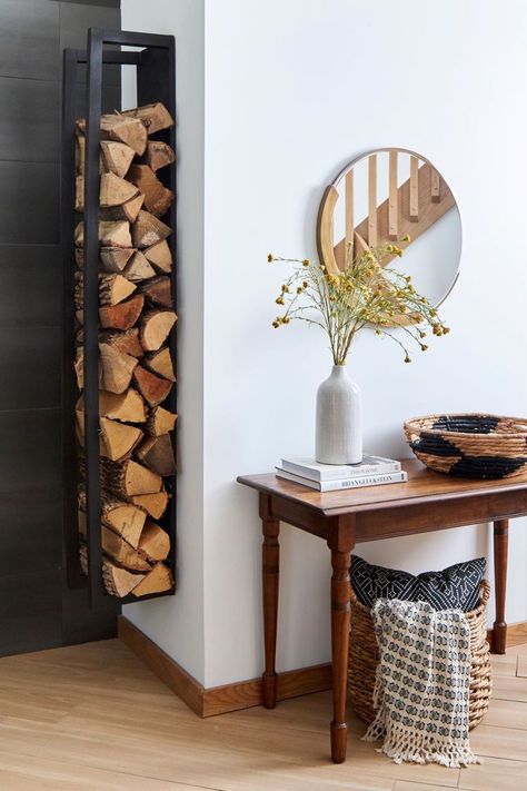 Open Storage Ideas, Wood Holder For Fireplace, Firewood Holder Indoor, Indoor Log Storage, Indoor Firewood Rack, Firewood Storage Indoor, Storage Fireplace, Entryway Table Decor Ideas, Firewood Racks