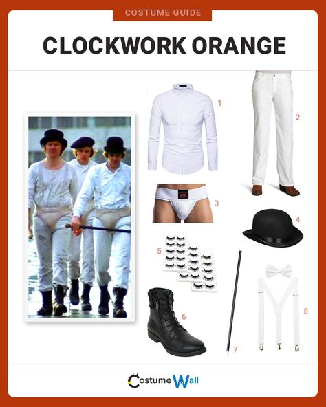 The best costume guide for dressing up like Clockwork Orange Alex DeLarge and his droogs from the classic dystopian film by Stanley Kubrick. A Clockwork Orange Book, Clockwork Orange Book, Clockwork Orange Costume, Costume Wall, Orange Costume, Dystopian Films, Alex Delarge, Malcolm Mcdowell, Got Costumes