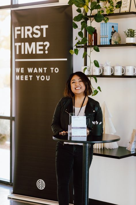 Church Welcome Tables, Welcome Center Design, Welcome Desk Church, Church Connection Center, Missions Wall Church, Church Check In Station, Church Event Decorations, Church Merch Display, Church Information Center