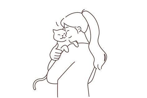 Cat And Owner Illustration, Cat Lover Drawing, Girl Holding Cat Drawing, Cat And Human Drawing, Cat And Girl Drawing, Cat And Girl Illustration, Girl And Cat Drawing, Person Holding Cat Drawing, Girl With Cat Drawing