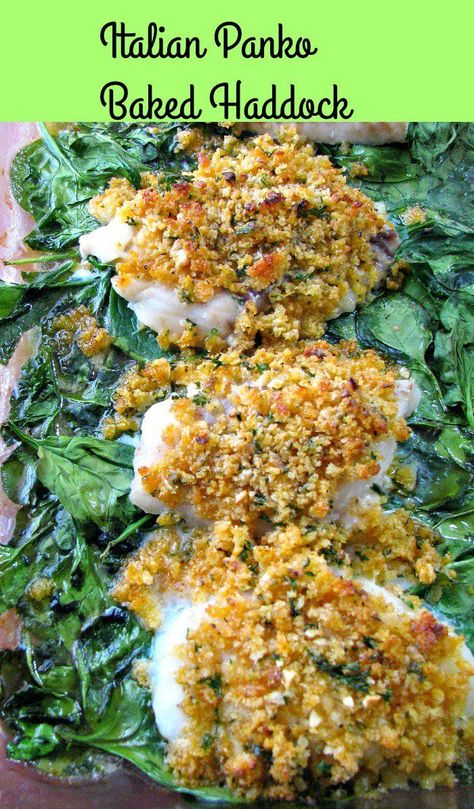 Italian Panko Baked Haddock made with buttery, seasoned, crispy panko breadcrumbs, baked on a bed of spinach and served with rice. Ready to eat in 30 minutes! Baked Haddock Recipes, Baked Haddock, Haddock Recipes, Crazy Kitchen, Recipe Italian, Fish Dinner, Baked Fish, Fish Dishes, Seafood Dishes