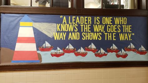 Battleship Bulletin Board, Leader In Me Bulletin Board Ideas, Leader Bulletin Board, Anchor Bulletin Board, Lighthouse Theme, Lighthouse Bulletin Board Ideas, Boat Bulletin Board, Lighthouse Decor Ideas, Lighthouse Bulletin Board