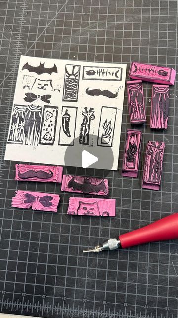 Casey Kemper on Instagram: "Art Foundation students kicked off our printmaking unit today! So much creativity carving eraser stamps inspired by @pinkeraserart Shout out to Lily, Avery, Faith, Sofi, Brynn, Kaleigh, Kenzie, Ameela, Hailey, Kara, Laona, Annalee and everyone else! #pinkeraserart #printmaking #highschoolart #arteducator" Eraser Printmaking, Eraser Linocut, Eraser Stamp Ideas, Lino Print Pattern, Eraser Carving, Eraser Art, Rubber Stamps Diy, High School Art Lesson Plans, Eraser Stamp