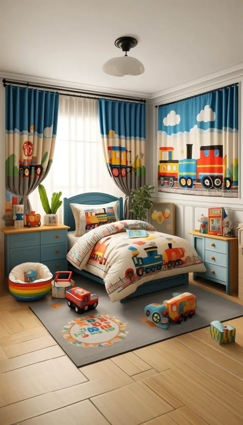 20+ Cool Train-Themed Boy's Room Ideas for Happy Kids 44 Toddler Boy Room Decor Ideas, Bedroom Ideas For Teen Boys, Fun Bedroom Ideas, Playschool Ideas, Creative Ideas For Kids, Sons Room, Boys Bedroom Themes, Fun Bedroom, Toddler Boy Room Decor