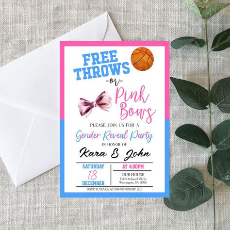 Free Throws Or Pink Bows, Basketball Gender Reveal, Bows Gender Reveal, Bow Gender Reveal, Gender Reveal Games, Boy Gender Reveal, Gender Reveal Invitations, Pink Bows, Baby Gender Reveal