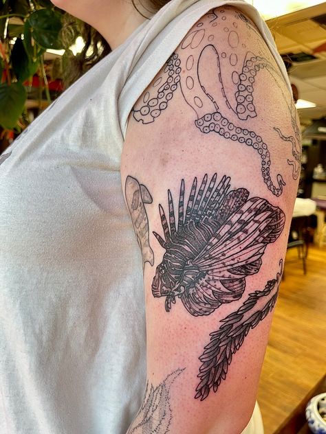 Lion Fish Tattoo, black and grey stipple tattoo Lion Fish Tattoo, Lionfish Tattoo, Fish Tattoo Black, Stipple Tattoo, Tattoo Black And Grey, Fish Tattoo, Lion Fish, Tattoo Black, Hand Poke