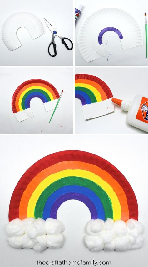 Hand Works For Kids, Simple Craft For Toddlers, Cotton Work On Paper, Rainbow Paper Plate Craft, Paper Plate Rainbow Craft, Pride Kids Craft, Rainbow Art For Preschool, Kids Craft Ideas Toddlers, Rainbow Projects For Kids