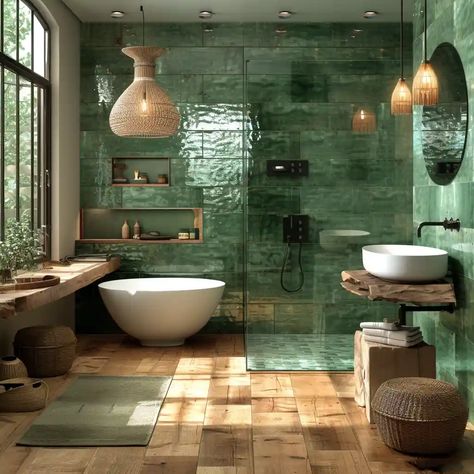 42 Stunning Bathroom Tile Ideas: Trending Designs Green Tiles In Bathroom, Modern Green Bathroom, Bangkok Apartment, Unique Bathroom Ideas, Green Bathroom Tiles, Restaurant Toilet, Green Tile Floor, Unique Bathroom Tiles, Floor Tiles Texture