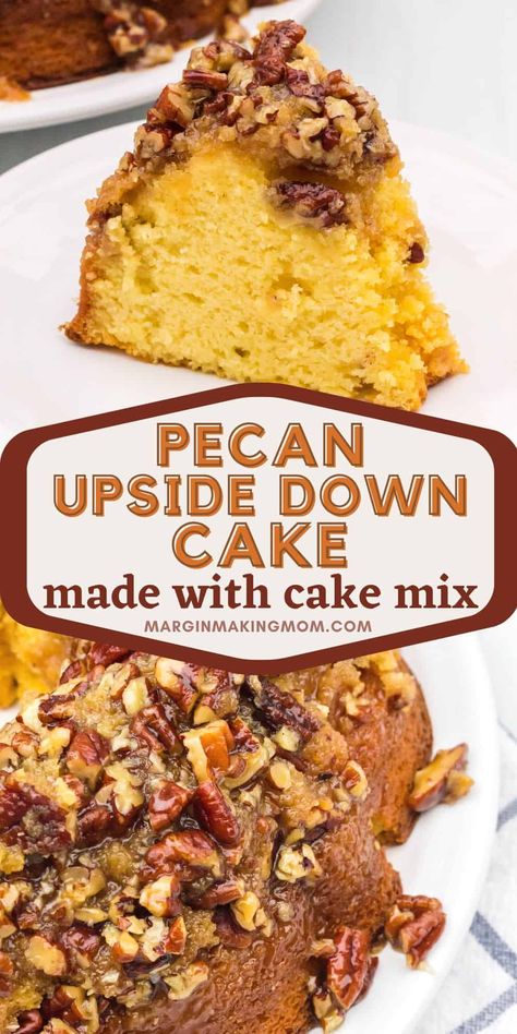 This pecan upside down cake is a super easy dessert you can whip up for the holidays, thanks to a cake mix! It's a decadent treat that's perfect for Thanksgiving or Christmas, and it disappears fast! Pecan Upside Down Cake Recipe, Pecan Upside Down Cake, Easy Thanksgiving Dessert, Super Easy Dessert, Thanksgiving Goodies, Upside Down Cake Recipe, Pecan Pie Cake, Easy Bundt Cake, Boxed Cake Mixes Recipes