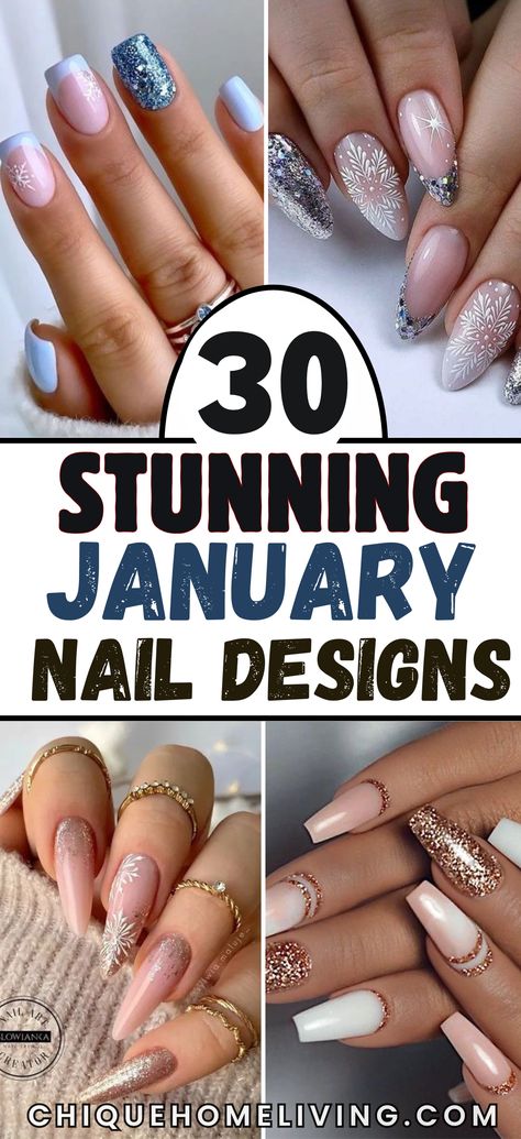 Step into the new year with style by exploring these 30 Best January Nail Ideas! Whether you’re looking for frosty blues, shimmering silvers, or neutral winter tones, these designs are perfect for the season. Embrace winter vibes with snowflake accents, icy ombrés, and glitter tips for a chic look. Or opt for subtle elegance with soft nudes, matte finishes, and minimalist line art. Elegant Gray Nails, New Years White Nails, New Year’s Eve Nail Ideas, Nails Acrylic January, Glitter Ombre Nails Almond, New Years Nail Colors, Winter Neutral Nails, Glitter Winter Nails, Glitter Nail Art Designs