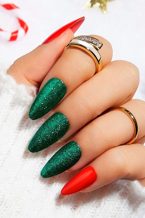 Almond Shaped Red and Glitter Green Christmas Press on Nails Green Glitter Nails Christmas, Red Green And Gold Christmas Nails, Green Nails Christmas Holidays, Red And Green Glitter Nails, Acrylics Christmas, Red And Green Christmas Nails, Christmas Nails Blue, Decoration Nails, Plaid Nail Designs