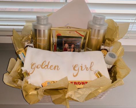 Golden Birthday Gift Basket, Golden Birthday Present Ideas, Golden Birthday Basket, Gold Gift Basket Ideas, Golden Birthday Ideas For Women, Golden Birthday Gift Ideas, Gold Gift Basket, Golden Birthday Ideas, Golden Birthday Themes