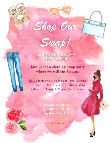 Clothing Swap Party Invitation, Swap Party Ideas, Swap Party Invitation, Clothes Swap Party, Thrift Boutique, Charity Ideas, Sunshine Committee, Feminine Watercolor, Clothing Exchange