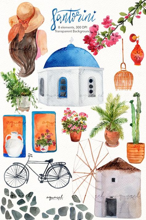 Greece Illustration, Greece Drawing, Greece Watercolor, Scene Png, Travel Sketching, City Watercolor, Grecia Santorini, Greece Design, Santorini Grecia