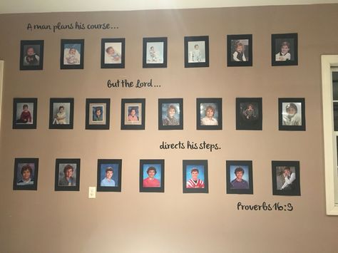 Graduation party ideas- school picture wall display- proverbs 16:9 School Photo Gallery Wall, School Picture Collage Ideas, Family Picture Wall Classroom, School Picture Wall Display Ideas, School Picture Gallery Wall, Picture Wall Display, School Photo Display Picture Frames, Diy School Pictures Display K-12, School Pictures Display