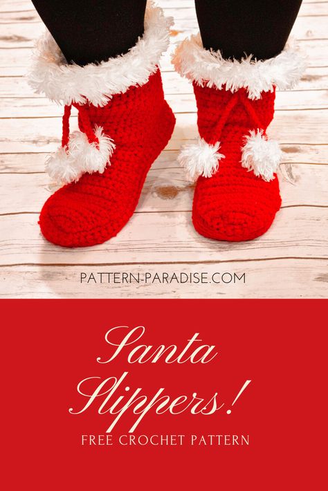 Free Crochet Pattern: Santa Slippers - Pattern Paradise Santa Slippers, Crocheted Socks, Crochet Slipper Boots, Crocheted Slippers, Easy Crochet Slippers, Crochet Slipper, Crochet Slippers Free Pattern, Crochet Shoes Pattern, Christmas Slippers