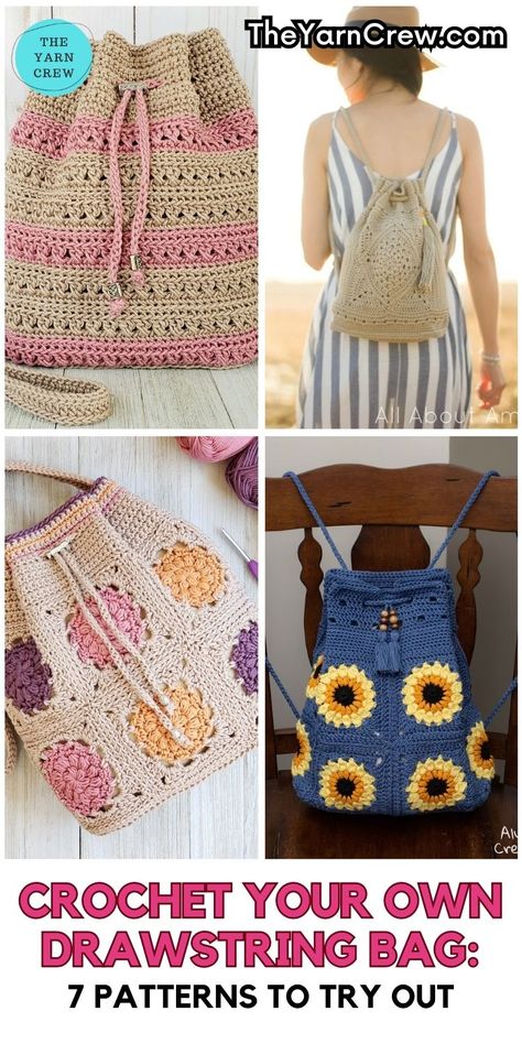 Get creative with crochet and make your own stylish drawstring bags! These patterns are perfect for adding a personal touch to your accessories collection. Curated by The Yarn Crew. Easy Drawstring Bag, Drawstring Bag Diy, Crochet Drawstring Bag, Drawstring Bag Pattern, Crochet Drawstring, Crochet Backpack Pattern, Crochet Backpack, Bag Pattern Free, Backpack Pattern