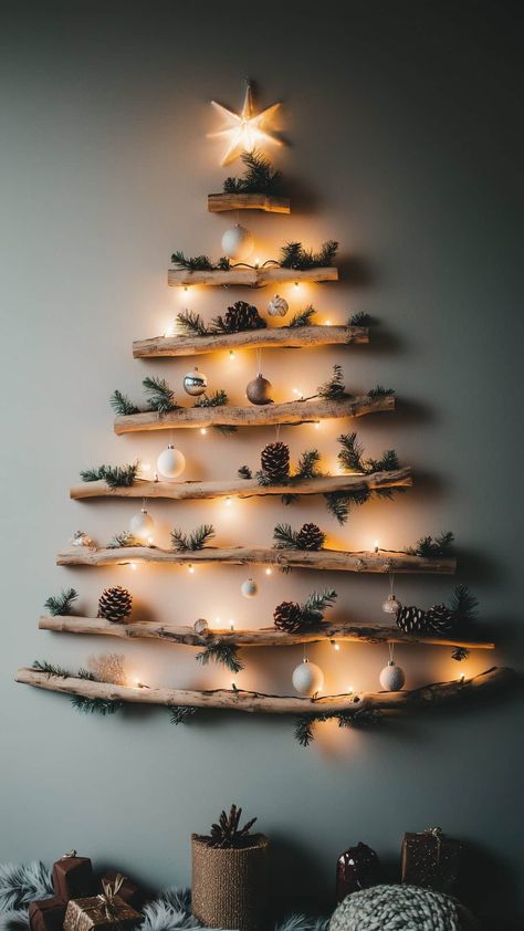 Rustic wall-mounted driftwood Christmas tree with lights and pine accents Non Traditional Christmas Tree, Driftwood Christmas Decorations, Christmas Tree Alternatives, Traditional Christmas Tree Ideas, Wooden Christmas Trees Diy, Natural Christmas Tree, Christmas Tree With Lights, Driftwood Christmas Tree, Christmas Tree Inspo