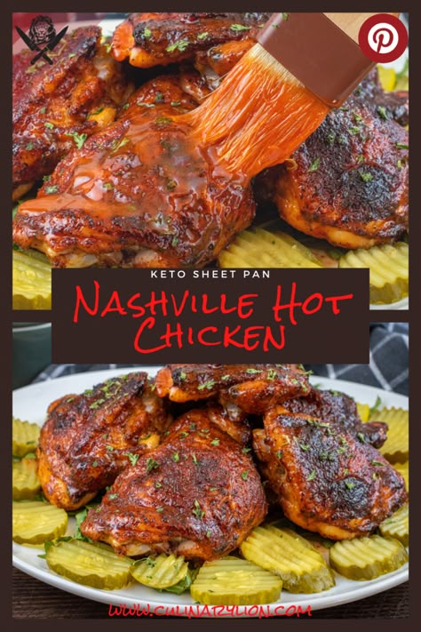 Oven baked Nashville chicken thighs with dill pickle chips Keto Sheet Pan, Nashville Hot Chicken Recipe, Keto Chicken Thighs, Hot Chicken Recipe, Nashville Chicken, Crispy Oven Baked Chicken, Chicken Shack, Nashville Hot Chicken, Nashville Hot