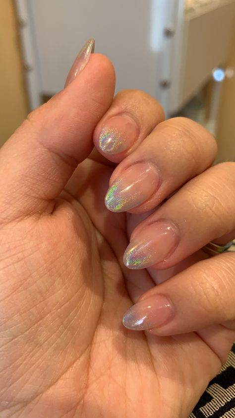 Holo Tip Nails, Disco Gel Nails French, Prom Nails Holographic, Holographic French Tip Nails Short, Fairy French Nails, Holographic Winter Nails, Simple Iridescent Nails, Silver Irridescent Nails, French Tip Opal Nails