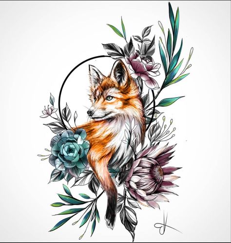 Fox In Flowers Tattoo, Highly Detailed Tattoo, Fox And Hummingbird Tattoo, Fox Tattoo For Women, Fall Floral Tattoo, Fox Tattoo Sleeve, Pony Tattoo, Fox With Flowers, Wildlife Tattoo