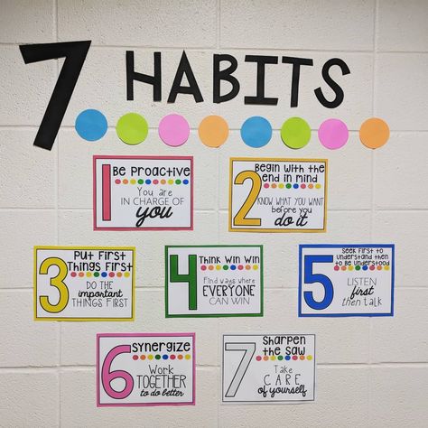 Leader in Me 7 Habits wall display in my neon and black classroom. Thanks to teachingandsoforth for the free template! Check out my instagram post for more information. Leader In Me 7 Habits, 7 Habits Posters, Classroom Economy System, Black Classroom, Bulletin Ideas, Classroom Economy, Classroom Management Plan, Notes To Parents, Seven Habits