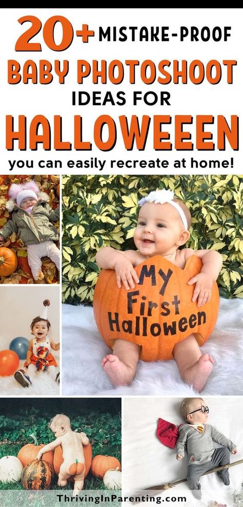 Looking for baby photoshoot ideas for Halloween that you can easily recreate at home? These Halloween photoshoot ideas for babies are perfect for busy moms! From Halloween baby photoshoot ideas at home right in your living room or backyard, classic baby pumpkin pictures, pumpkin milk bath, laying on a pile of leaves, to cake smash sessions, these Halloween baby photography ideas are mistake-proof! Find family Halloween picture ideas with baby and DIY Halloween costume ideas in this list too! Baby In A Pumpkin Picture, Pumpkin Baby Pictures, Baby In Pumpkin Picture, Diy Halloween Photoshoot, Pumpkin Baby Photoshoot, Halloween Photoshoot Baby, Pumpkin Milk Bath, Baby Halloween Photoshoot, Halloween Baby Photoshoot