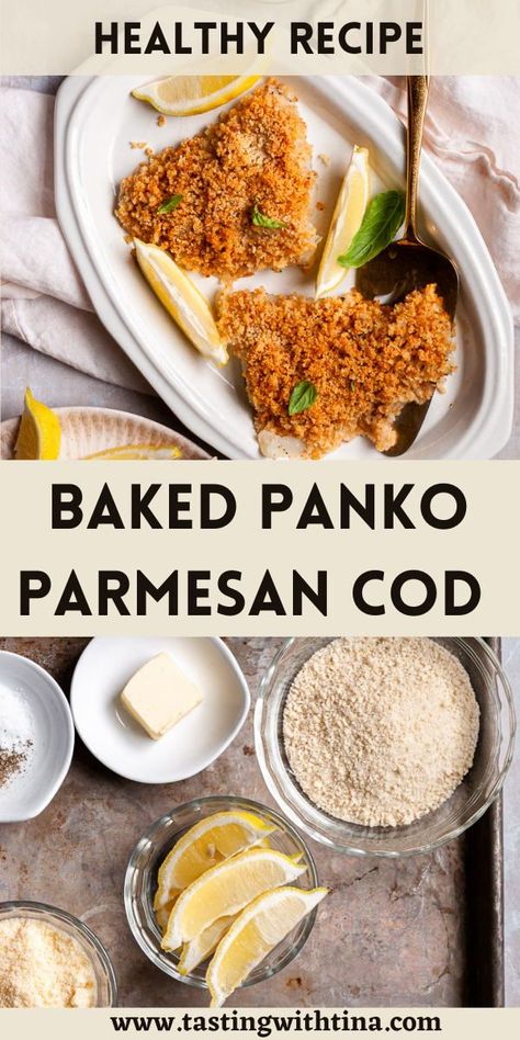 This panko parmesan baked cod is so delicious! With flaky fish, crunchy panko crumbs, and parmesan cheese, this healthy recipe is delicious for the whole family. Parmesan Crusted Cod, Panko Recipes, Parmesan Crusted Fish, Breaded Cod, Crusted Cod, Baked Haddock, Haddock Recipes, Baked Cod Recipes, Cod Fillets