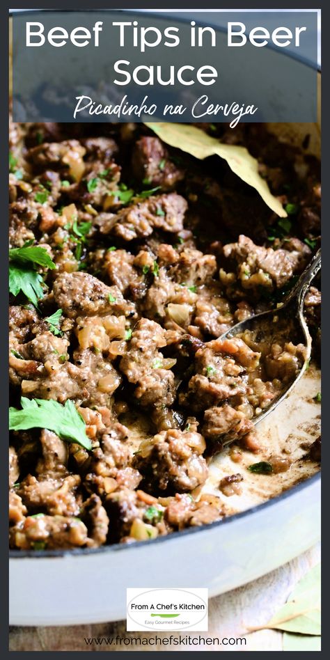 Beef Tips in Beer Sauce in white enamel cast iron skillet. Tender Beef Tips, Beer Sauce, Brazilian Dishes, Best Beef Recipes, Diy Easy Recipes, Cooking With Beer, Diner Recipes, Slow Cooked Beef, Beef Casserole Recipes