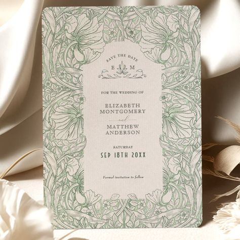 William Morris Wedding, Interaction Of Color, Through The Decades, Sage Wedding, Green Wedding Invitations, Cream Wedding, Foil Invitations, Vintage Wedding Invitations, Bygone Era