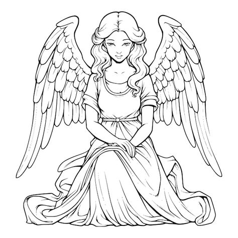 Angel coloring pages for kids | Premium Vector #Freepik #vector #angel-coloring-pages #christmas-angel-coloring-pages #realistic-angel-coloring-pages #cute-angel-coloring-pages Drawing Ideas Angel, Christmas Angel Coloring Pages, Line Art Angel, Realistic Angel, Thanksgiving Coloring Book, Oil Pastel Landscape, Simpson Tv, Angel Coloring Pages, Camping Coloring Pages