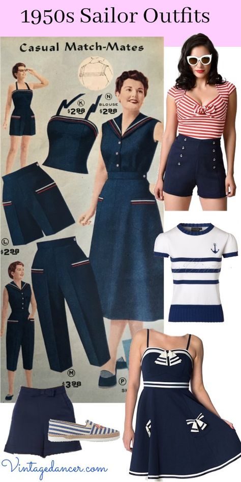 Sailor Theme, Vintage Outfits 50s, Diner Party, Editorial Vogue, 50s Outfits, Vintage Outfits 90s, Nautical Outfits, Vintage Sailor, Sock Hop