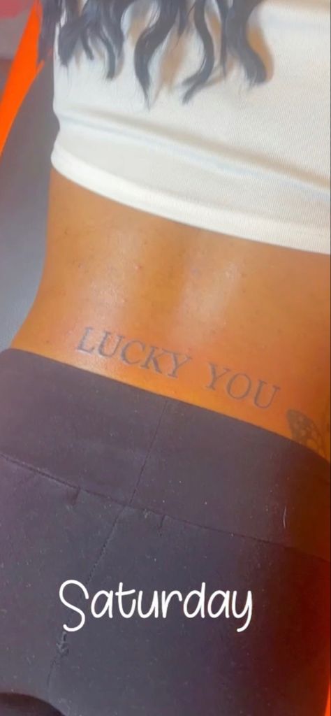 Lucky You Back Tattoo, Lucky You Tattoo Lower Back, Trap Stamp Tattoos Black Women, Trap Stamps Tattoo, Low Back Tattoo Women Ideas, Trap Stamp Tattoos Lower Backs, Back Dimple Tattoo, Trampstamps Tattoo, Lucky You Tattoo