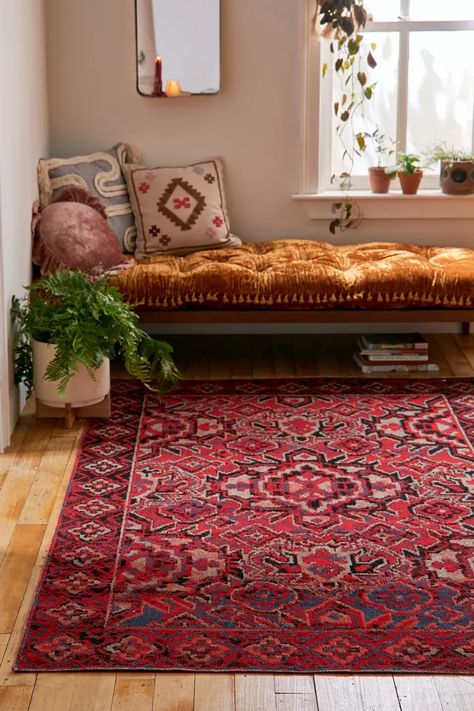 Area Rugs + Throw Rugs | Urban Outfitters Red Boho Rug Living Rooms, Living Room Designs Red Rug, Persian Rug Bedroom Aesthetic, Vintage Rugs In Living Room, Persian Rug Aesthetic, Styl Indie, Rug On Carpet, Red Rug Bedroom, Persian Rug Bedroom