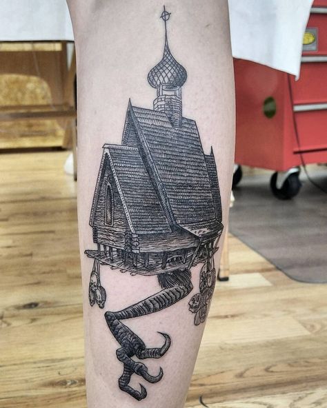 Baba Yaga's hut, done by Jonathan Love at EOD Tattoo in Denver, CO Dragon Tattoo Back Piece, House Tattoo, Russian Tattoo, Baba Jaga, Japanese Dragon Tattoos, Fantasy Tattoos, Love Tattoo, Fire Tattoo, Tattoo Project