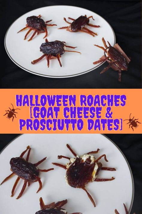 Cockroach Cupcakes, Souper Halloween, Spooky Dishes, Halloween Hangout, Halloween Pies, Goat Cheese Stuffed Dates, Creepy Bugs, Goat Cheese Prosciutto, Cheese Stuffed Dates