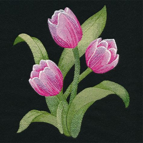 Garden Time Tulip design (M18781) from www.Emblibrary.com Tulip Embroidery, Towel Flower, Tulip Pillow, Embroidered Pillow Covers, Hand Embroidery Tutorial, Cover Bed, Tulip Design, Embroidery Flowers Pattern, Embroidered Towels