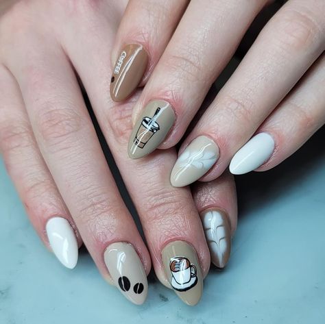 Coffee Cup Nail Art, Coffee Nails Designs Art Ideas, Coffee Nail Art Designs, Coffee Themed Nails, Iced Coffee Nails, Latte Art Nails, Coffee Inspired Nails, Latte Nail Art, Coffee Nails Designs