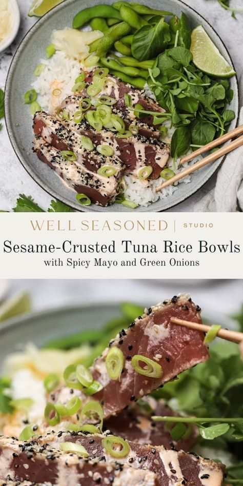 Pan-Seared Sesame-Crusted Tuna Rice Bowls Ahi Tuna Bowl Recipe, Tuna Steak Bowl, Tuna Sushi Bowl Recipe, Ahi Tuna Bowl, Tuna Rice Bowl, Tuna Sushi Bowl, Sesame Crusted Tuna, Tuna Bowl, Seared Ahi Tuna