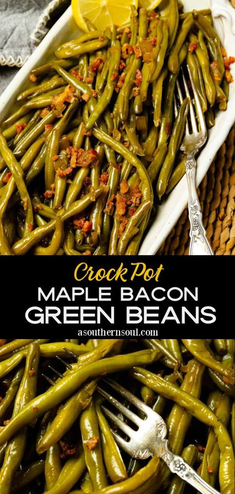 Green beans are a classic side dish now made even easier thanks to the Crock Pot. Tender green beans, with a hint of sweetness from maple syrup, and a bit of smokiness from bacon, are so good that this recipe is sure to become a favorite for years to come. Maple Glazed Green Beans, Green Beans And Bacon Crockpot, Greenbeans Bacon Crockpot, Crock Pot Frozen Green Beans, Crockpot Green Bean Recipes, Green Bean Ideas, Maple Bacon Green Beans, Crock Pot Green Beans, Bacon Green Beans