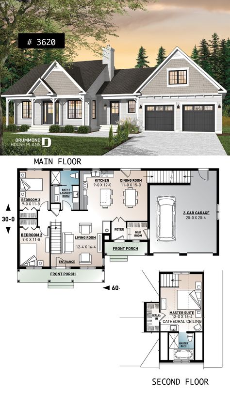 Master suite above garage, 2 beds. on main, open space, mud room, double garage Shed Style House, Industrial House Plans, Above Garage Apartment, Garage Additions, Classic House Plans, Bedroom Sunroom, Boat Garage, Drummond House Plans, Bedroom Addition