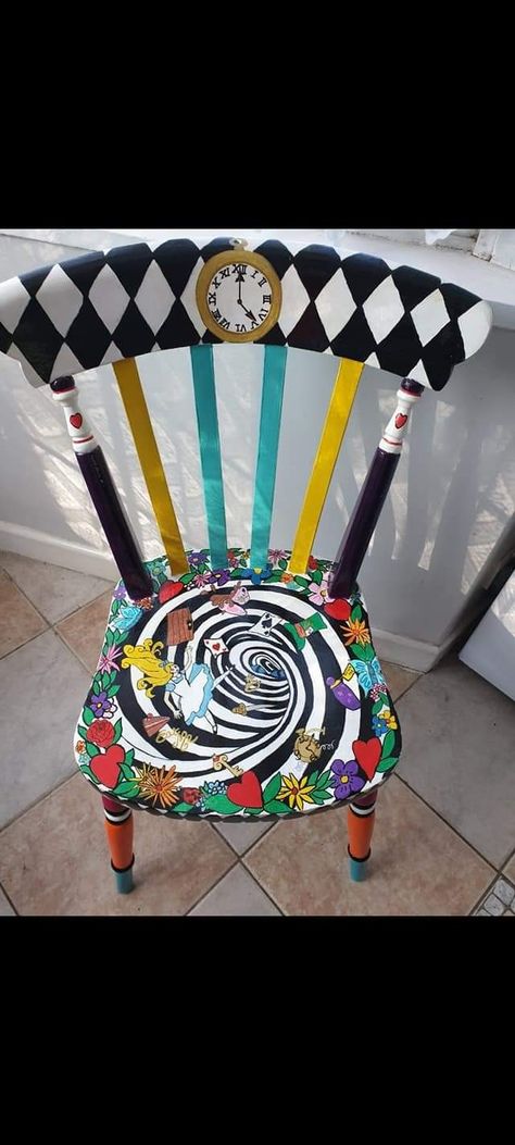 Rocking Chair Makeover, Alice In Wonderland Crafts, Alice In Wonderland Room, Alice In Wonderland Diy, Alice In Wonderland Tea Party Birthday, Whimsical Painted Furniture, Alice Tea Party, Hand Painted Table, Mad Hatter Party