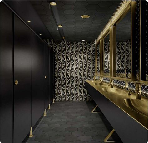 Bathroom, toilet, black, gold, wallpaper, art deco, dark interior, redecor Fancy Restaurant Bathroom, Toilet Restaurant Design, Art Deco Restroom, Black And Gold Restaurant, Dark Restroom, Restaurant Toilet Design, Bar Bathroom Ideas, Sinks Design, Restaurant Bathrooms